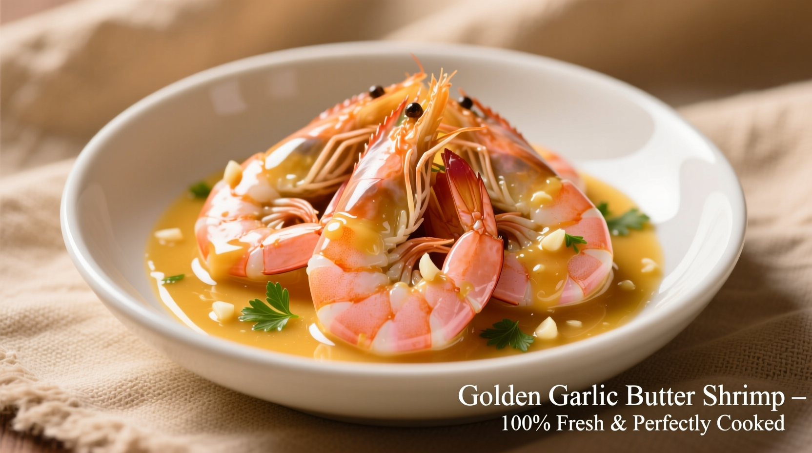 Perfectly cooked shrimp in golden garlic butter sauce