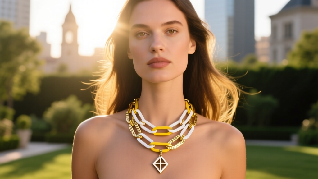 Woman wearing layered white and yellow gold paperclip chains with hammered pendant, shot outdoors in soft golden hour sunlight.