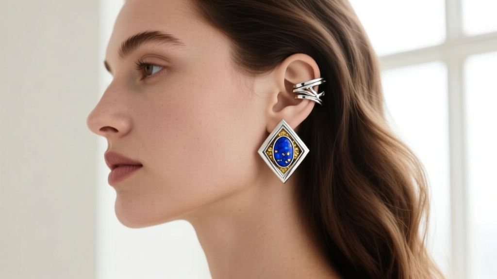 Side profile of a woman wearing a 16-gauge silver and lapis ear cuff on her cartilage, highlighting the deep blue and gold flecks