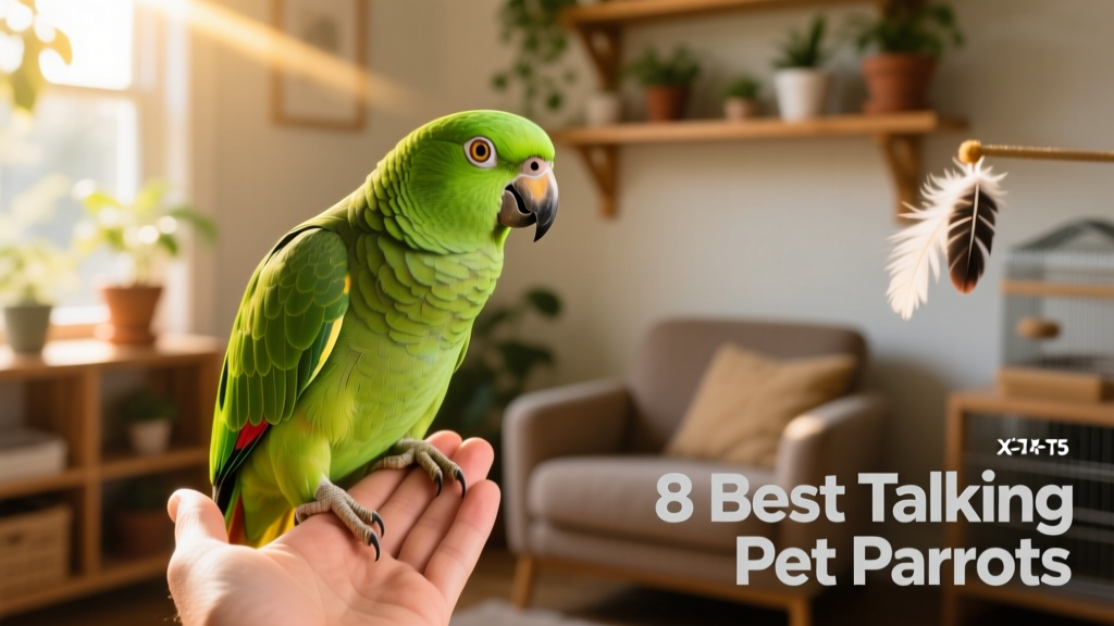 A bright green Amazon parrot perched on a hand, looking alert and engaged