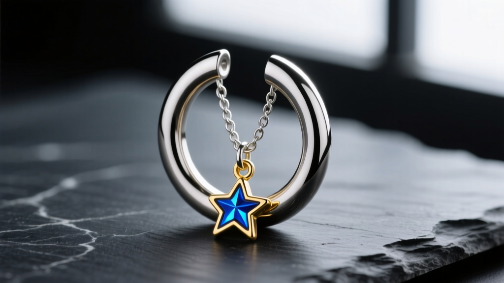 Macro shot of a 16-gauge titanium huggie hoop with a tiny dangling 4-star Dragon Ball charm resting on a dark slate surface