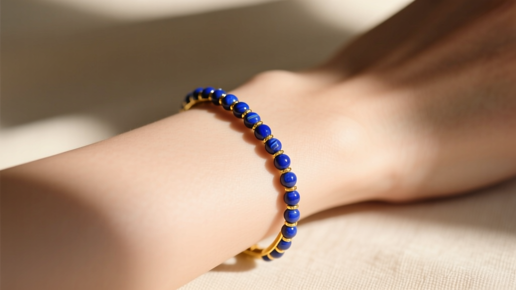 Wrist wearing a delicate 14k yellow gold bracelet with small deep blue lapis lazuli beads, photographed in warm natural sunlight.