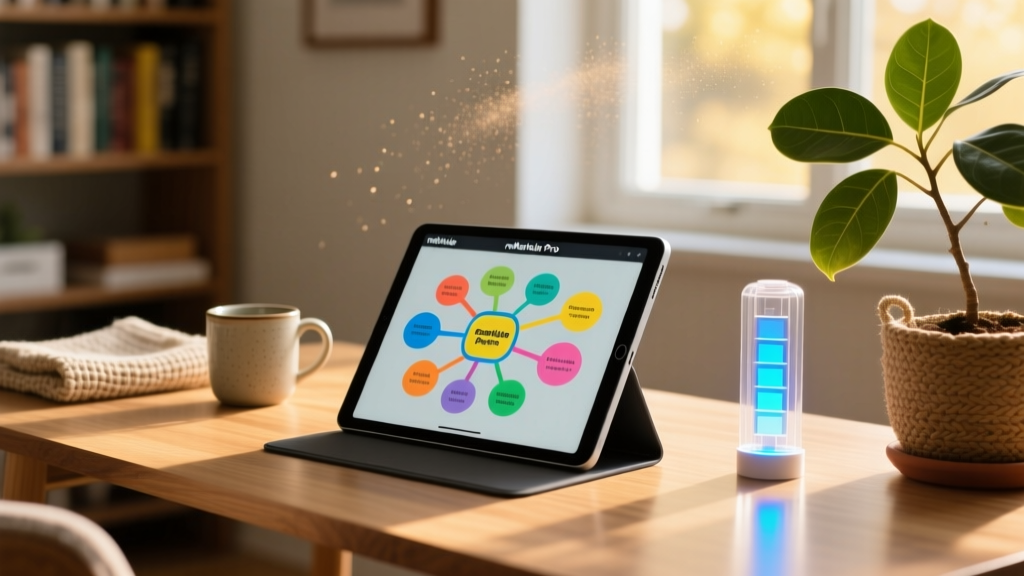 An e-ink reMarkable Paper Pro displaying colorful mind maps next to a visual timer in a sunlit home office environment.