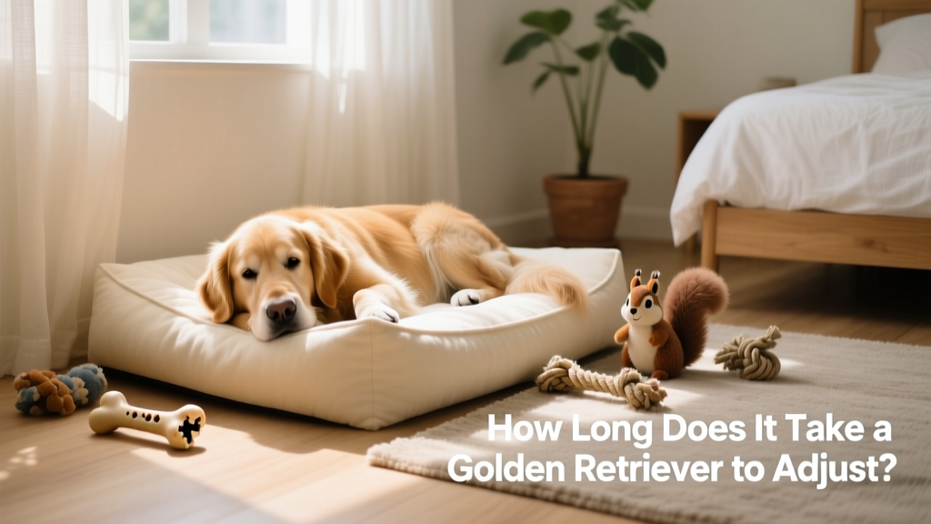 A calm Golden Retriever resting on a plush dog bed in a quiet corner of a sunlit bedroom, surrounded by familiar toys
