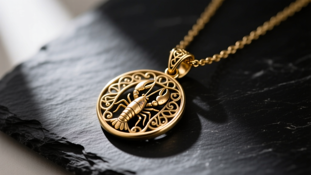 Close-up of a delicate gold-plated brass pendant necklace resting on dark slate, showing slight wear on the small lobster clasp.