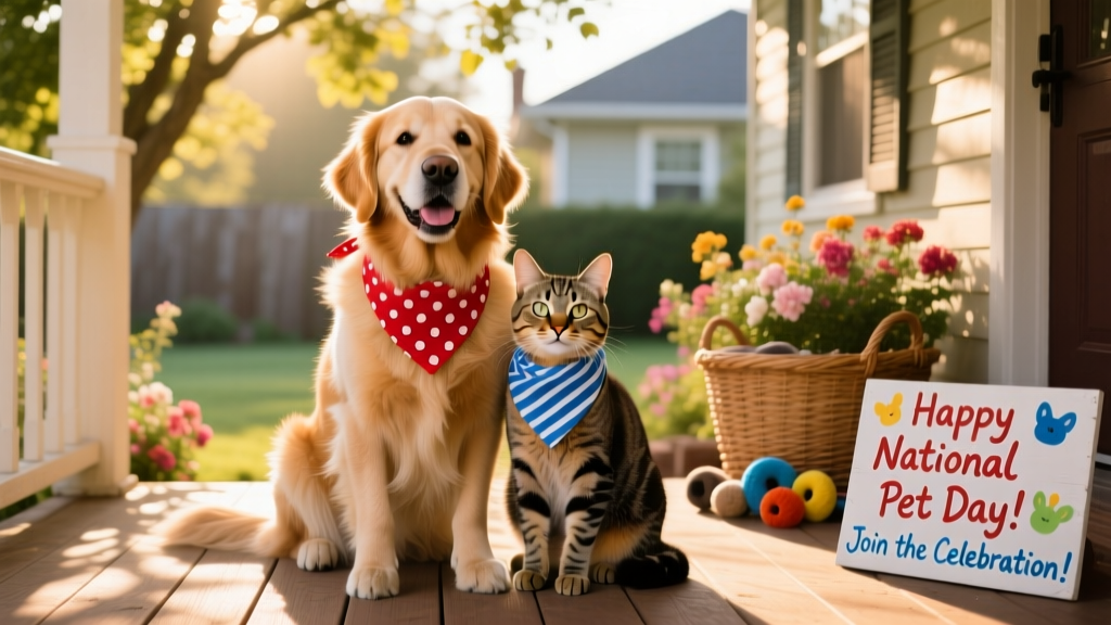 A joyful dog and cat sitting side by side, both wearing festive bandanas, with soft natural lighting