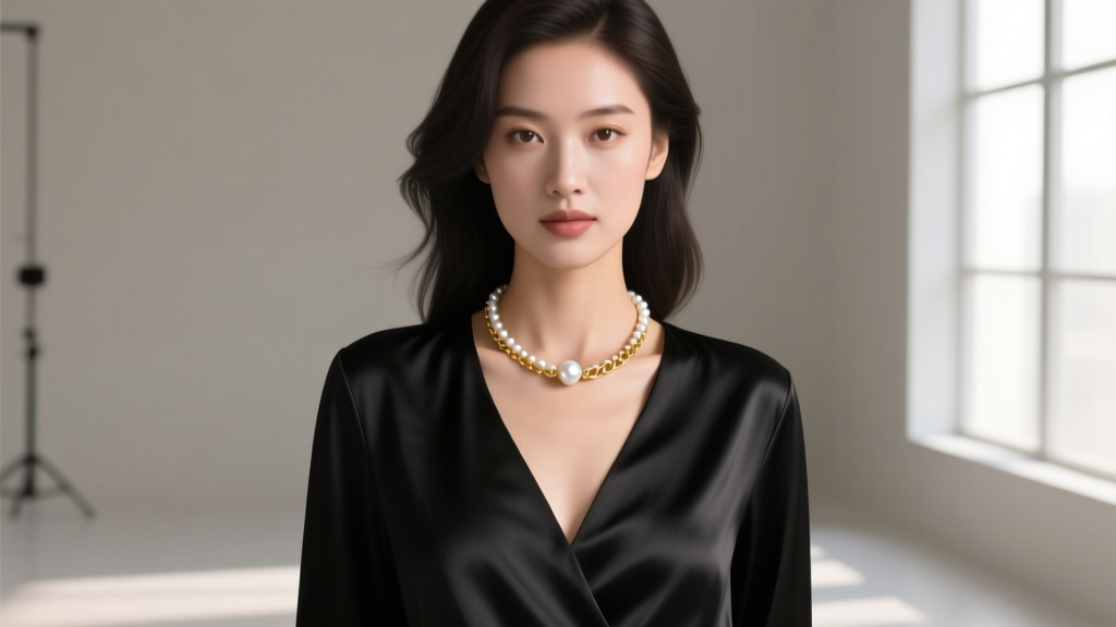 Elegant woman wearing a single 9mm white pearl necklace pendant on an 18-inch gold chain layered over a black silk V-neck blouse