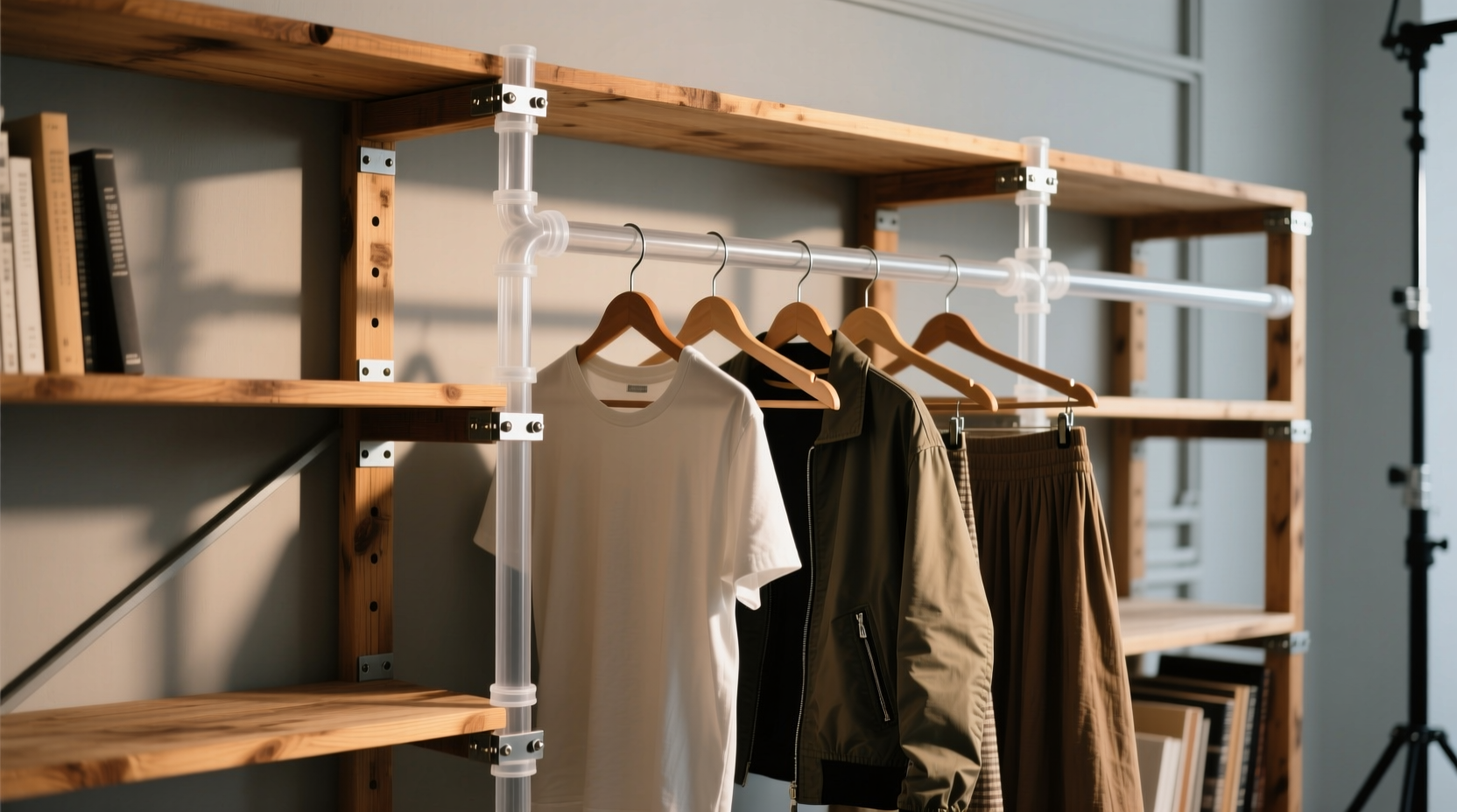 turn a shelf into a clothes hanging rack with pvc pipe