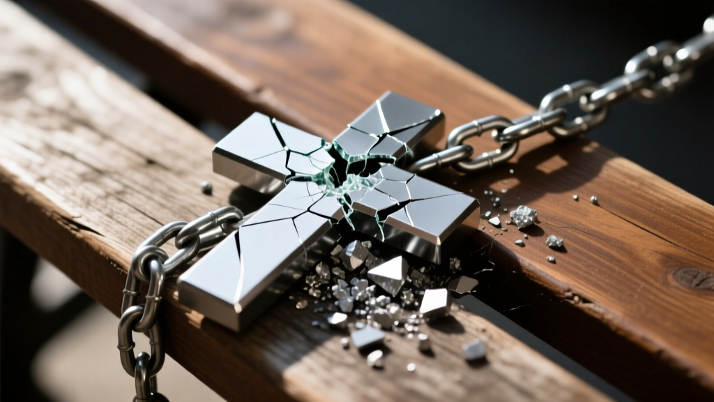 Cracked tungsten cross beside a steel chain on a wood bench, showing the brittle shatter failure mode of the dense carbide metal.