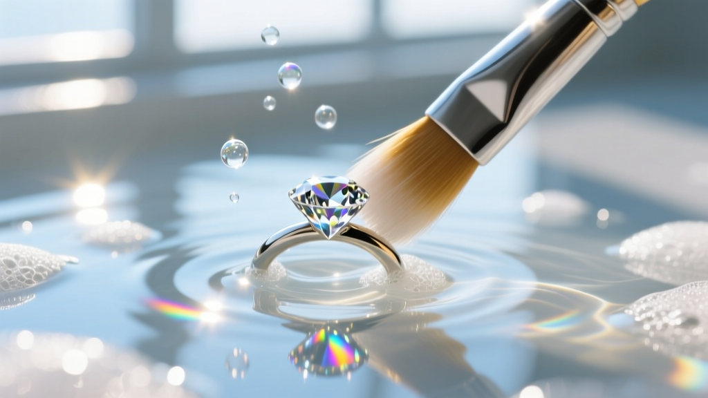 Soft brush cleaning a diamond ring in soapy water, shot with macro detail and bright natural window lighting from a high angle.