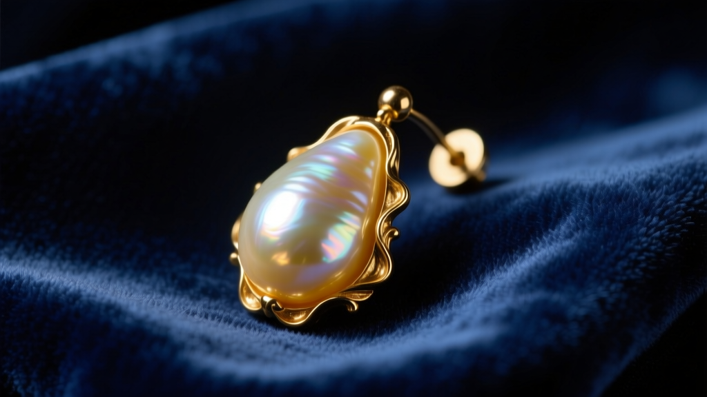 Macro shot of a 14mm baroque teardrop pearl earring on dark blue velvet, mimicking the lighting of a 17th-century oil painting