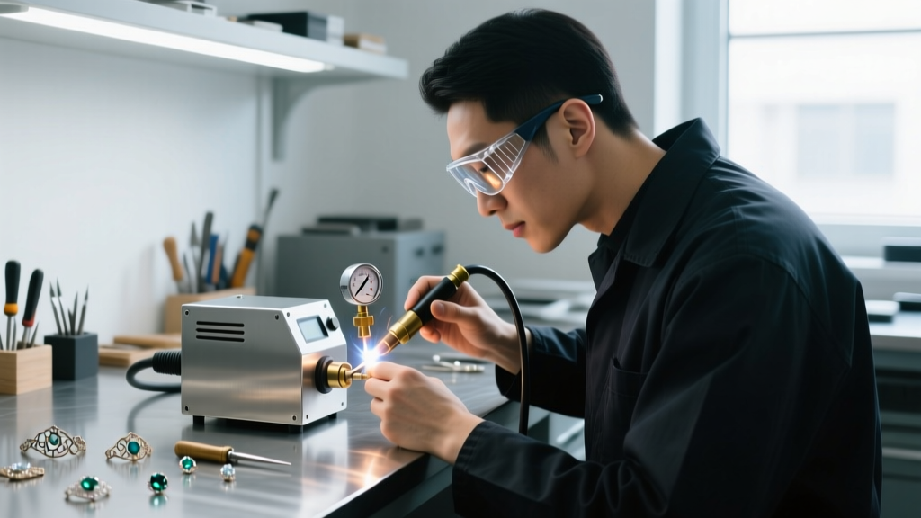 Side profile of a jeweler wearing shade 5 safety glasses while adjusting the argon gas flow meter on a compact pulse arc welder