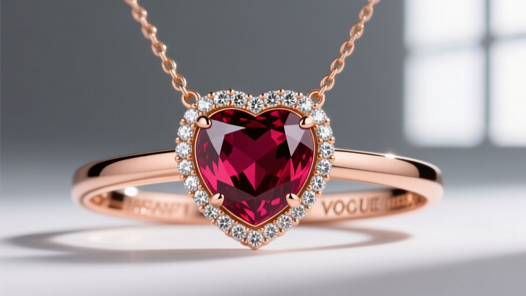 Close-up of a 14k rose gold ruby heart necklace with diamonds, featuring a 2-carat cushion-cut Burmese ruby and micro-pave halo.