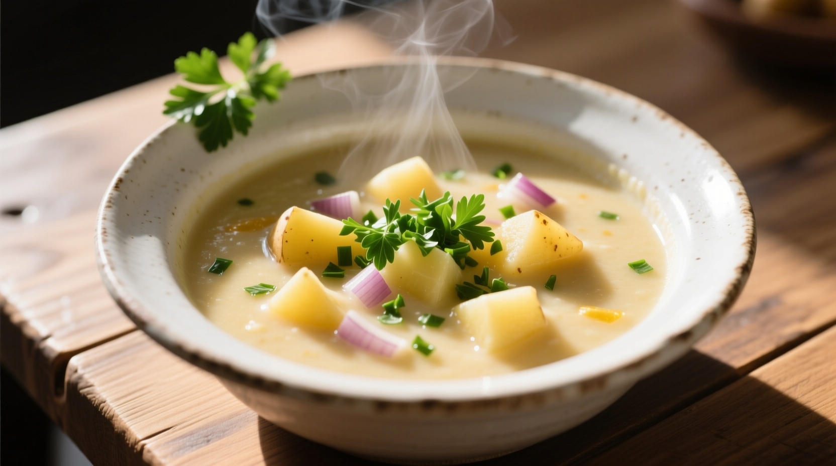Creamy potato chowder in white bowl with fresh parsley