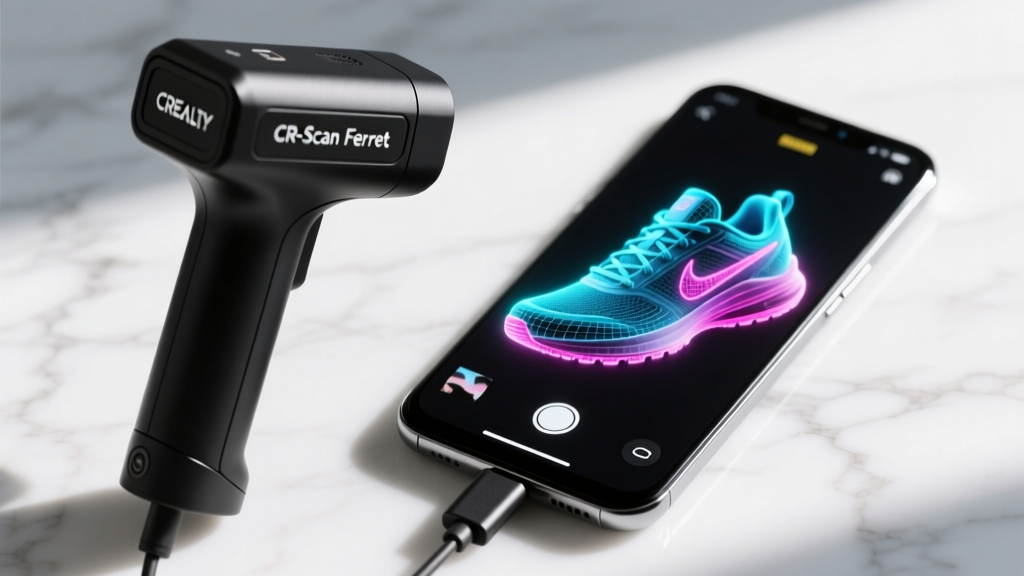 Close-up of a Creality CR-Scan Ferret connected to a flagship Android phone, displaying a real-time point cloud mesh of a sneaker.