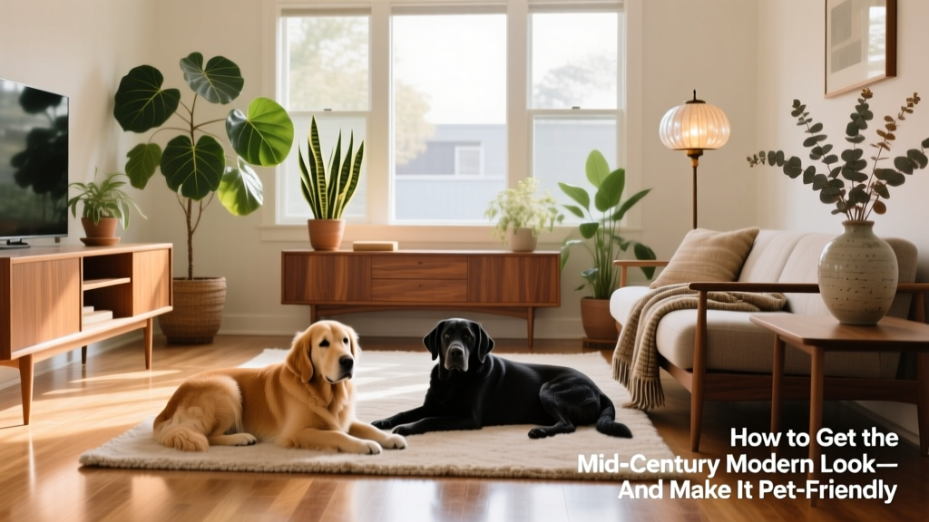 A sunlit living room with walnut furniture, tapered legs, indoor plants, and two dogs resting comfortably on a neutral rug