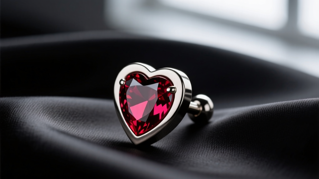 Close-up of a 14-gauge titanium heart nipple clicker with a flush-set ruby, resting on black silk fabric in moody, soft lighting