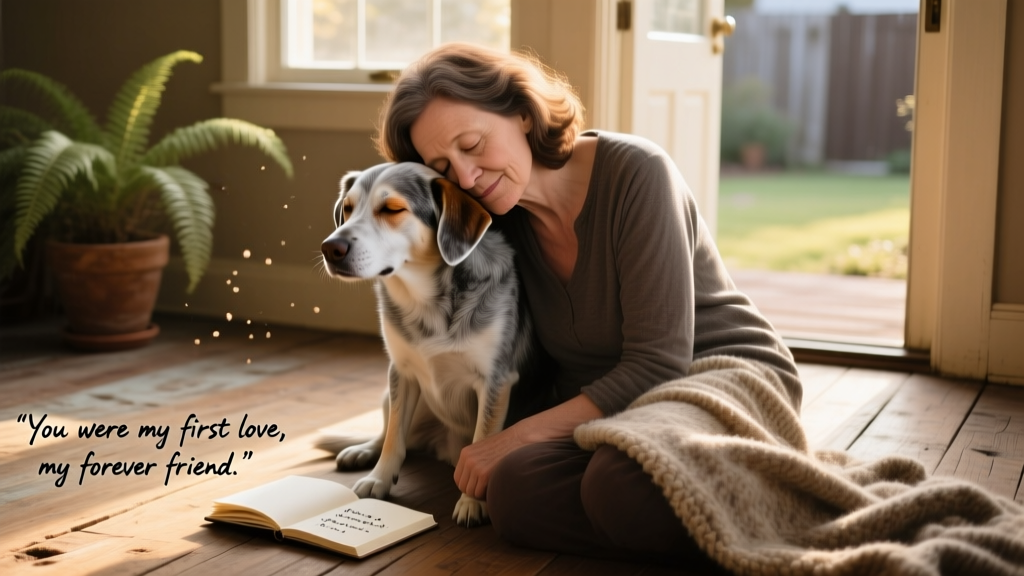 A woman resting her forehead against her dog’s head in a tender, quiet moment