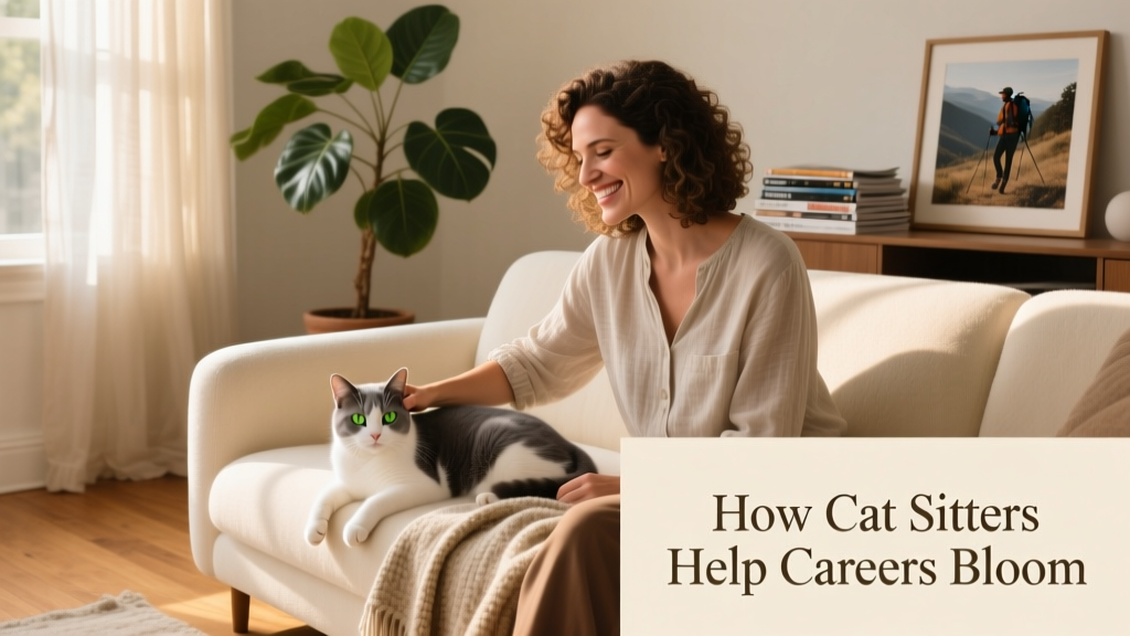 A smiling cat sitter gently stroking Callie on the living room sofa