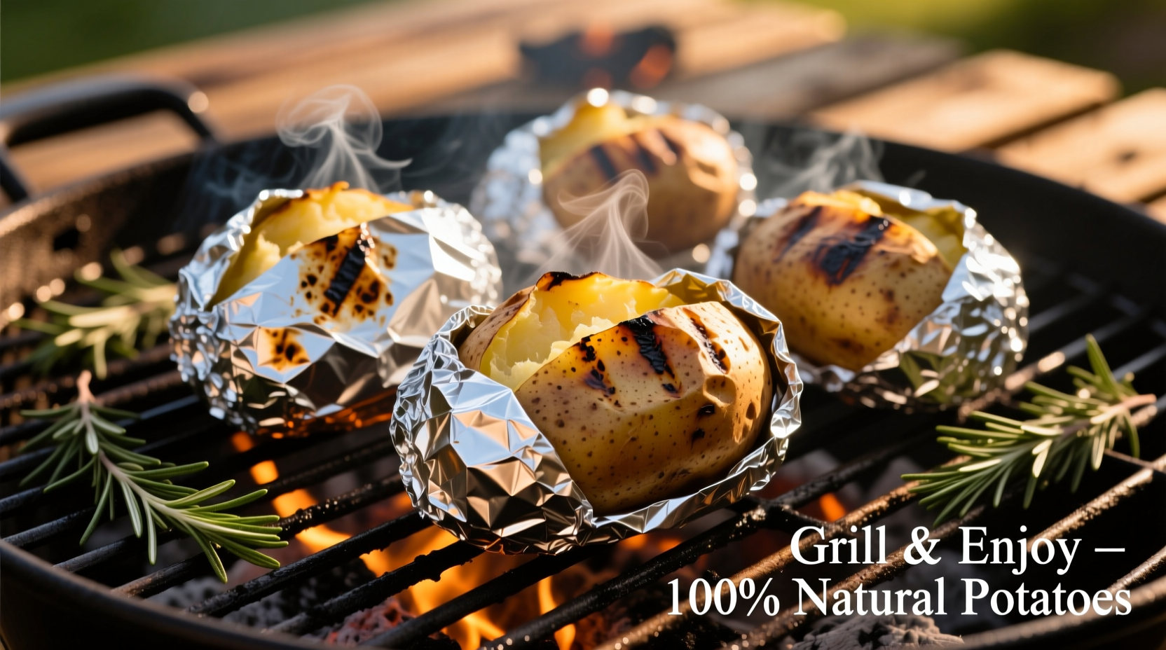 BBQ baked potatoes wrapped in foil on grill