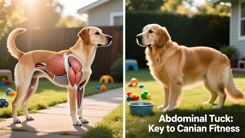 Side-view illustration showing correct abdominal tuck versus no tuck in dogs