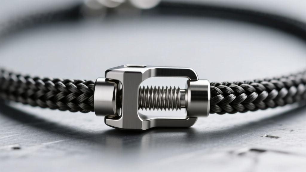Macro photography of a Grade 5 titanium screw-in barrel clasp on a braided sports necklace, showing precise CNC threading