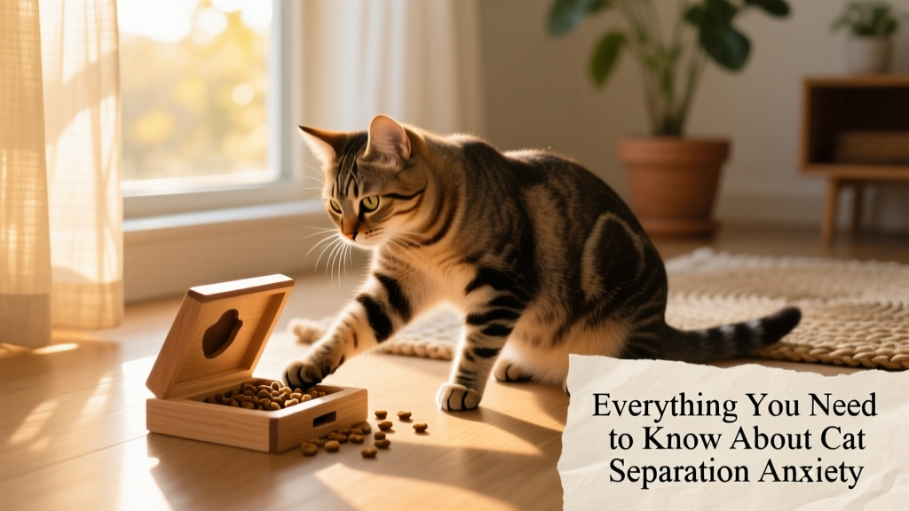 Cat interacting with a puzzle feeder on the floor near a sunny window