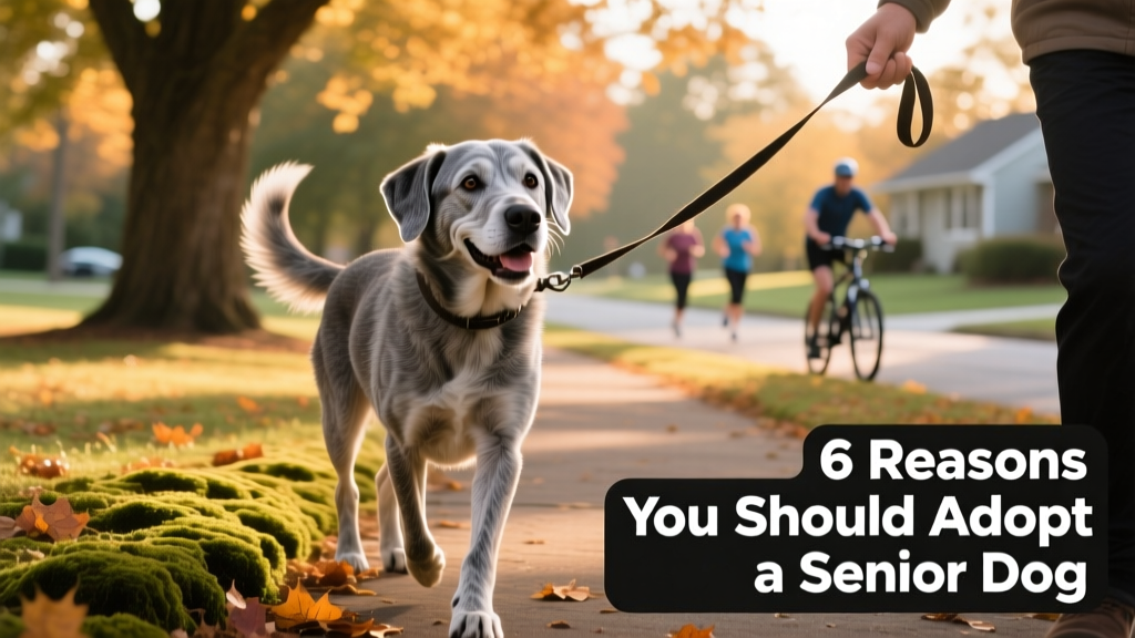 An older dog happily exploring a quiet neighborhood park on a short leash, tail gently wagging