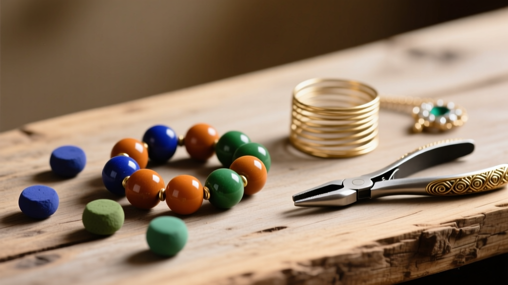 Vibrant matte-finished authentic Krobo powder glass beads scattered on a wooden workspace next to brass wire and jewelry pliers.