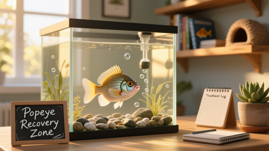 Aquarium quarantine tank with a single fish, labeled 'Popeye Recovery Zone'