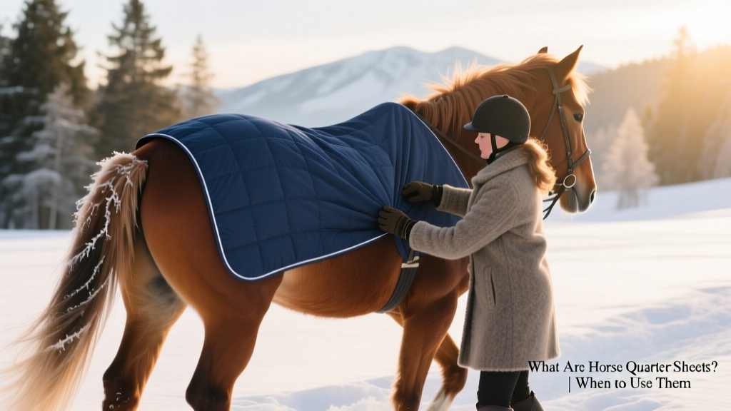 A rider using a navy quarter sheet over the hindquarters of a horse during a snowy trail ride