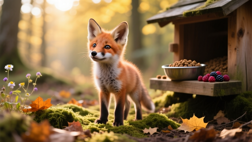 Red fox cub in natural setting, alert and curious