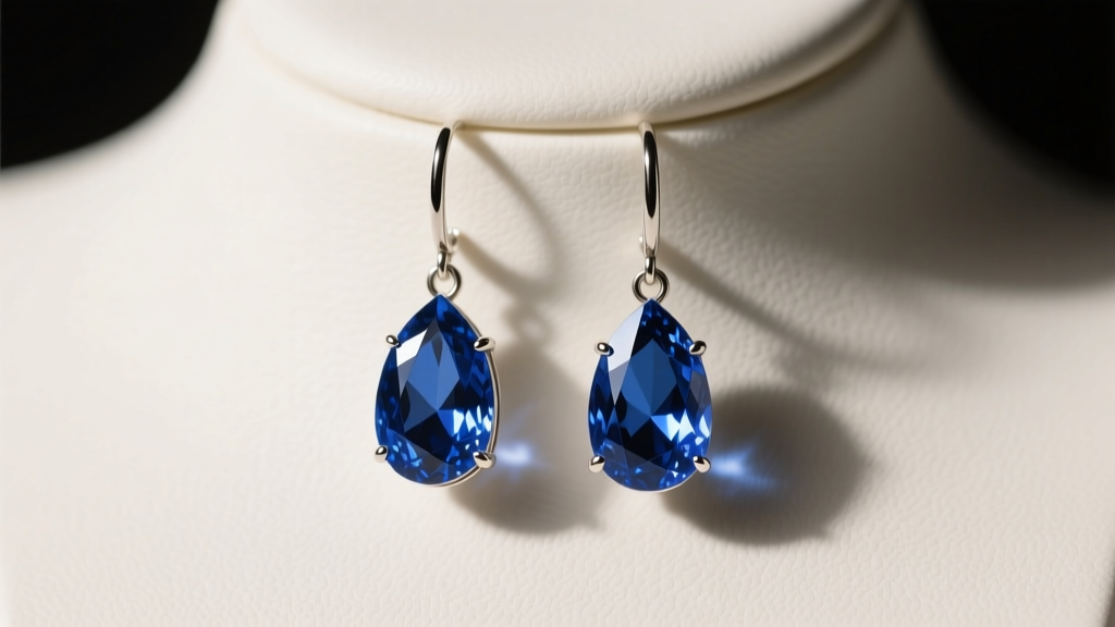 Close-up of elegant blue sapphire drop earrings dangling from a jewelry display bust, illuminated by soft studio lighting