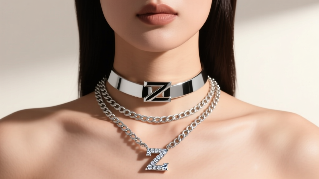 Model wearing a layered necklace stack with a 16-inch Z-link choker and an 18-inch cable chain holding a diamond Z initial pendant