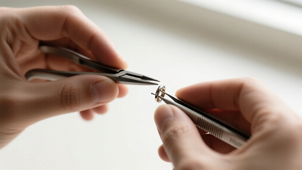 Close-up of hands using hemostats to bend the pin of a threadless titanium earring, demonstrating tension-fit jewelry mechanics.