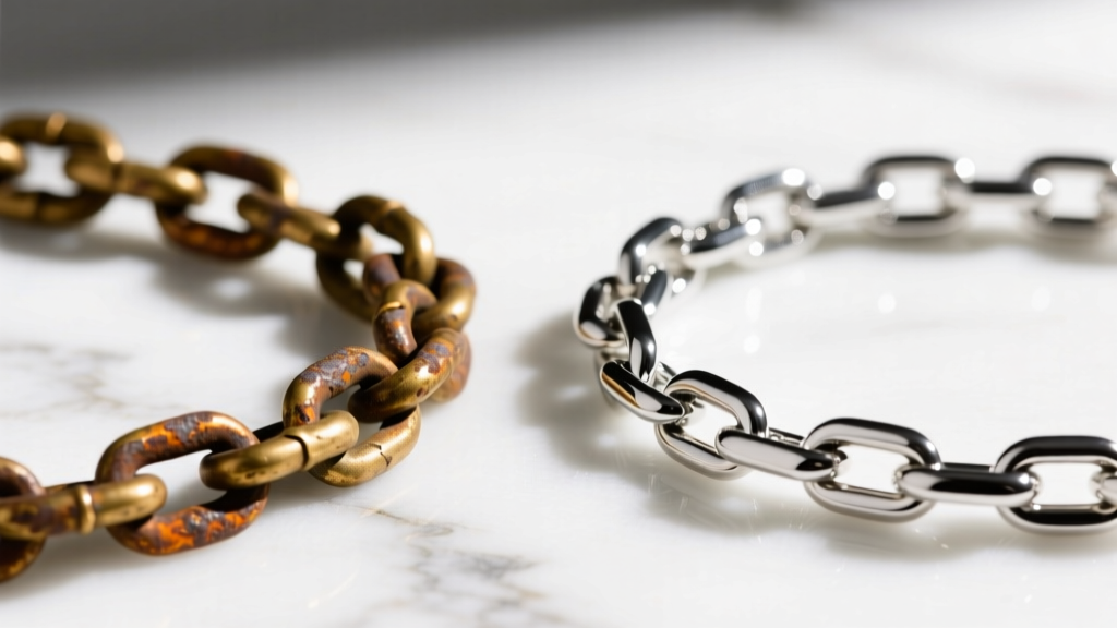 Macro shot of a tarnished brass chain necklace next to a bright rhodium-plated sterling silver chain on a white marble surface.