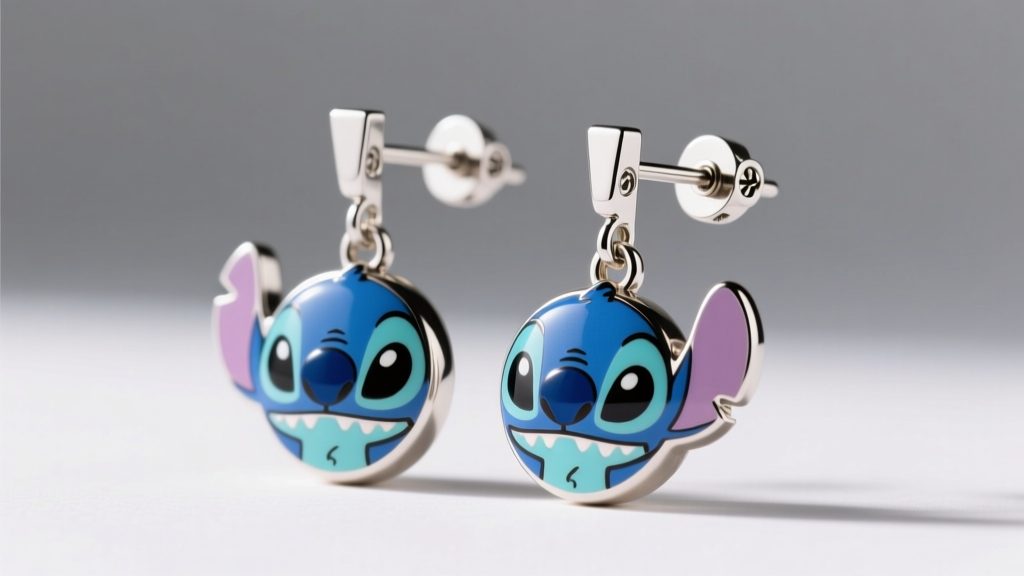 Technical diagram of Stitch earrings for girls showing the titanium post, enamel body, and secure screw-back threading mechanism