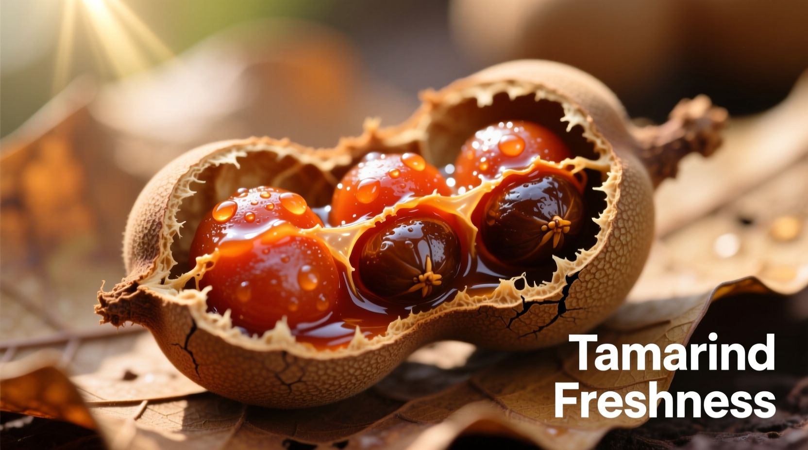 Fresh tamarind pods with opened fruit showing sticky pulp