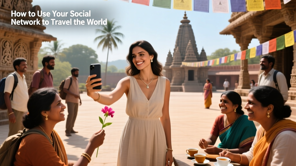 Celinne da Costa posing at a temple in India with some locals