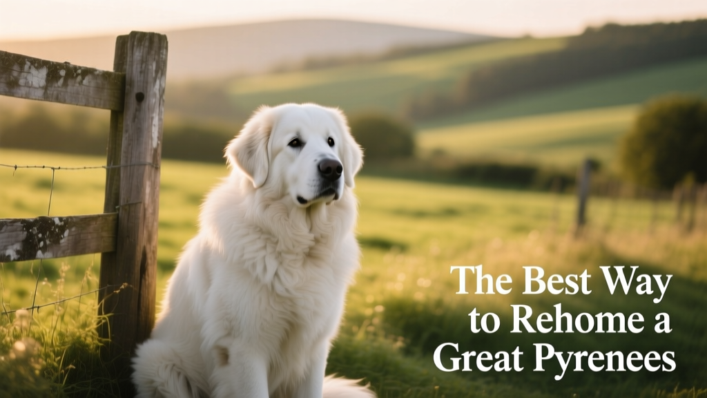 A calm, gentle Great Pyrenees sitting beside a fence, looking alert but friendly