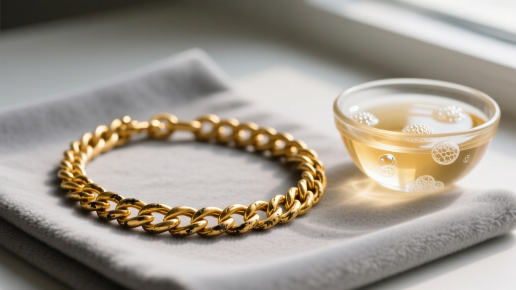 Tarnished 18k yellow gold rope chain necklace resting on a gray microfiber cloth next to a small glass bowl of warm soapy water