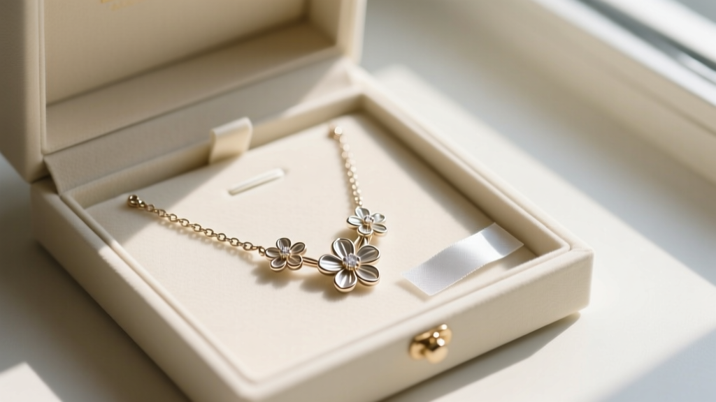 A neatly organized jewelry box showing a flower chain necklace laid flat in a lined compartment with an anti-tarnish strip nearby.