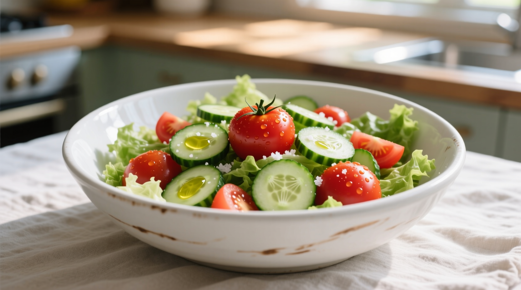 Fresh cucumber tomato salad in white ceramic bowl