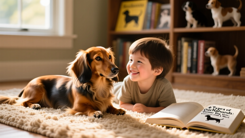 A gentle longhaired Dachshund resting beside a child on a cozy rug