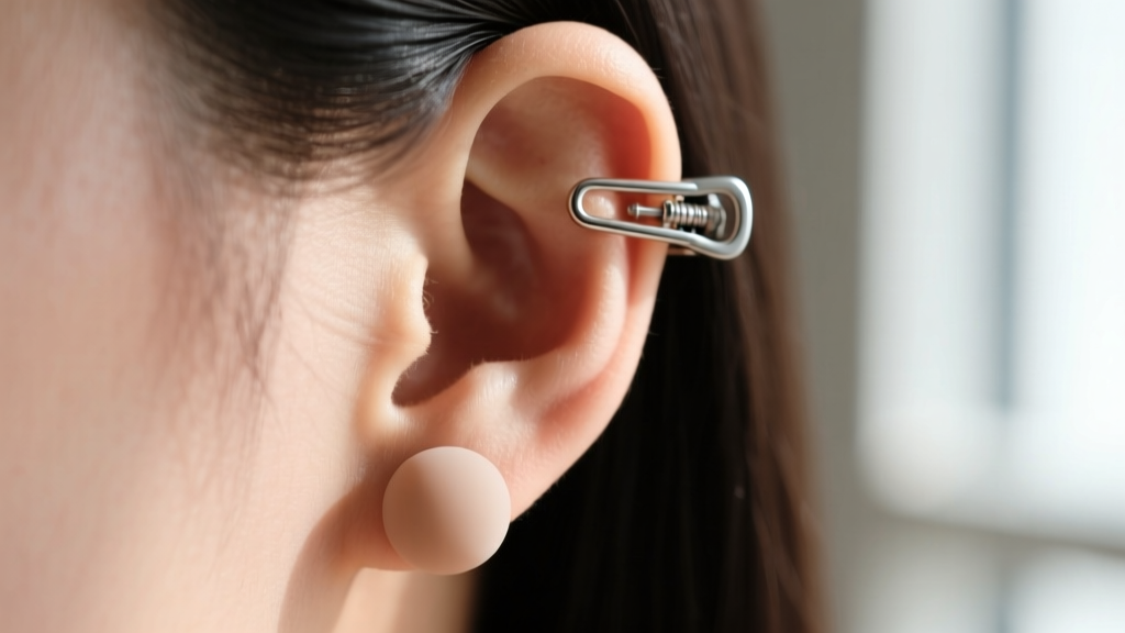 Macro shot of an earlobe wearing a padded screw-back clip earring, showing the silicone cushion resting gently against the skin.