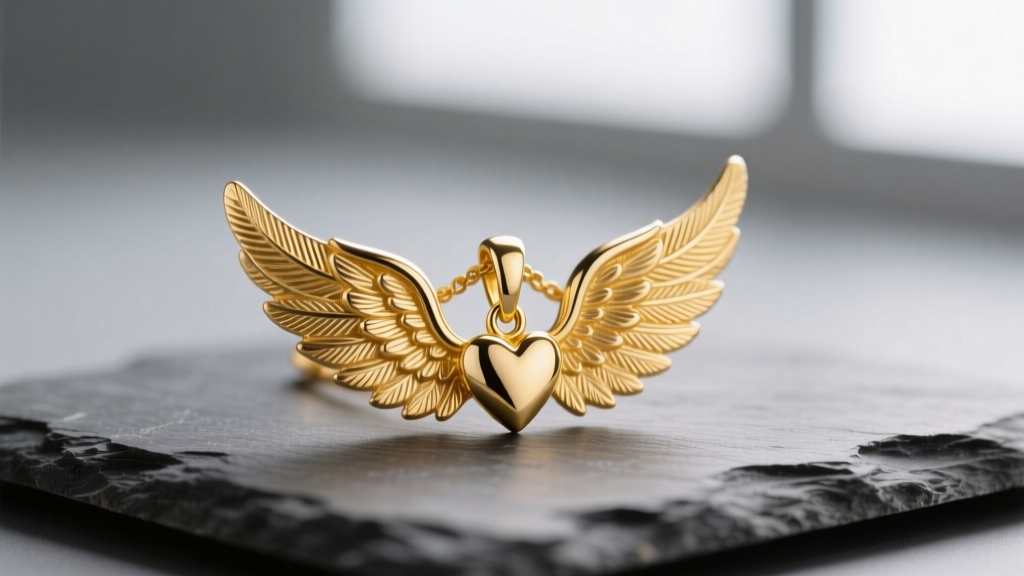 Macro photo of a 14k yellow gold angel wings with heart necklace on slate, revealing detailed feather textures and a polished finish.