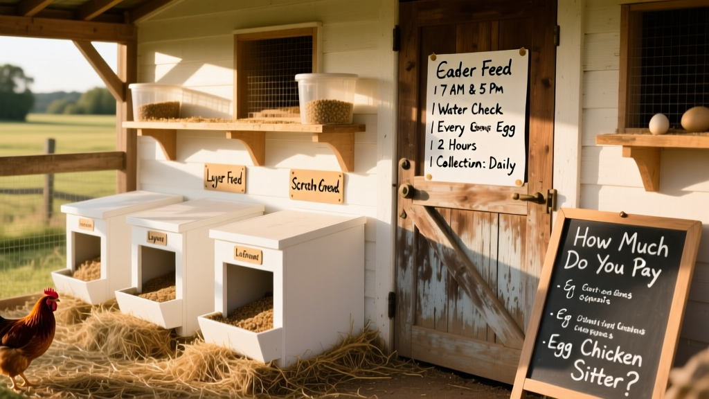 A well-organized chicken coop with labeled feed bins, clean nesting boxes, and a handwritten care schedule pinned to the door