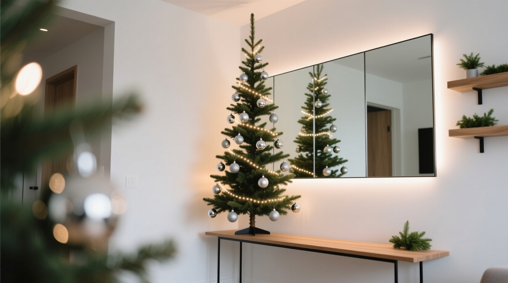 how to style a christmas tree for small apartments using vertical space and mirrored illusions