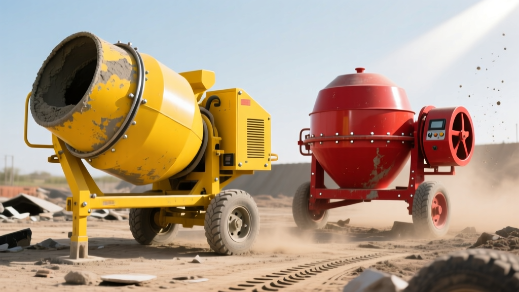 Side-by-side comparison of a yellow tilting drum concrete mixer and a red stationary tub mortar mixer on a dusty job site.