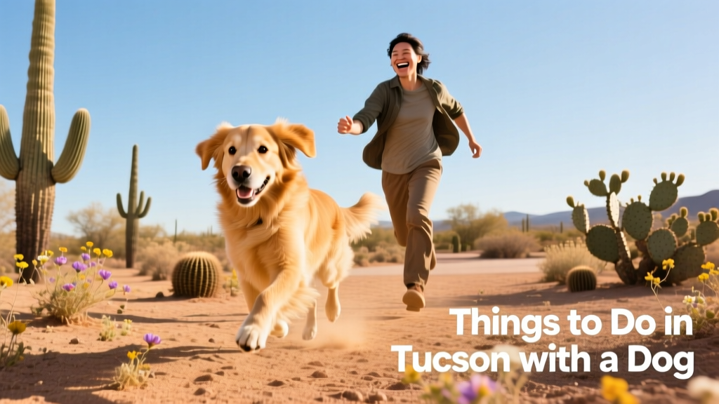 A dog and pet parent enjoying an off-leash park in Tucson's desert landscape